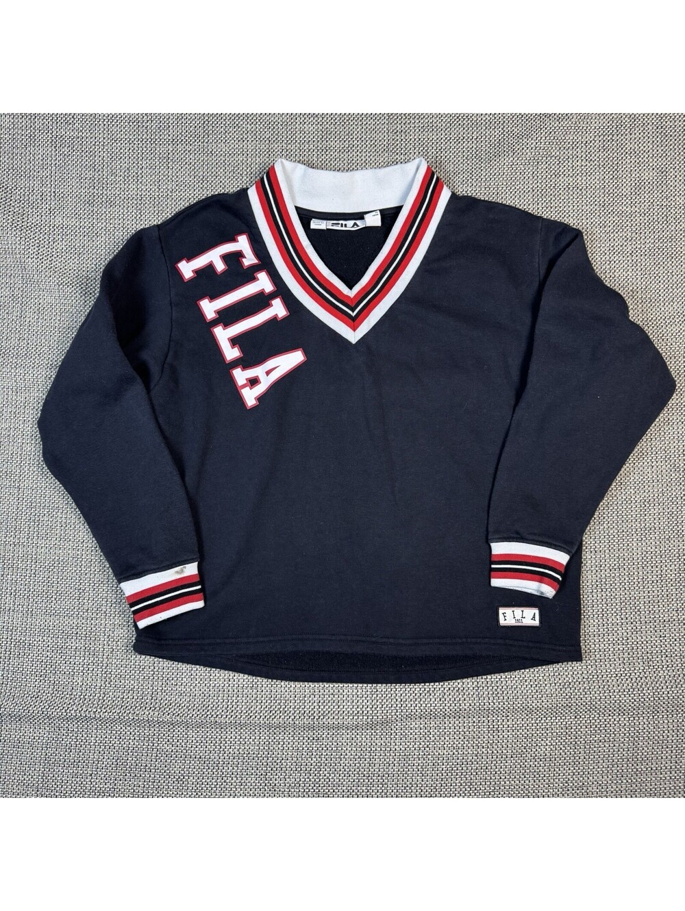 FILA Limited Vintage Designer Deep V Neck BOLD Trim Pullover Ladies Large Navy